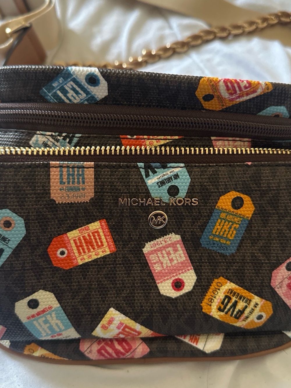 Michael Kors Brown Crossbody with Colorful Ticket-Print